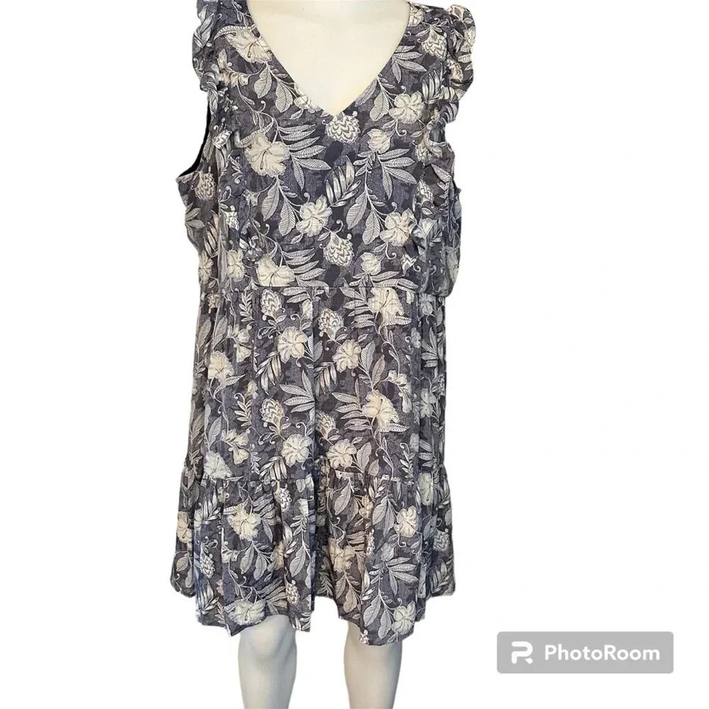 Como Vintage Blue and White Tropical Print Ruffle Tiered Mini Dress Size XL